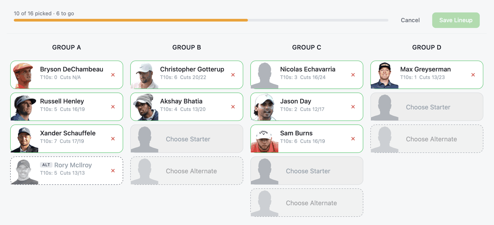The Majors Challenge team picker: starters and an alternate chosen from four groups of golfers ranked by world rank.